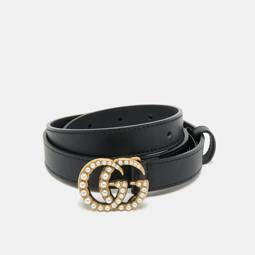 Gucci Black Leather Pearl Embellished GG Marmont Slim Belt 75 CM Gucci Black Leather Pearl Embellished GG Marmont Slim Belt 75 CM