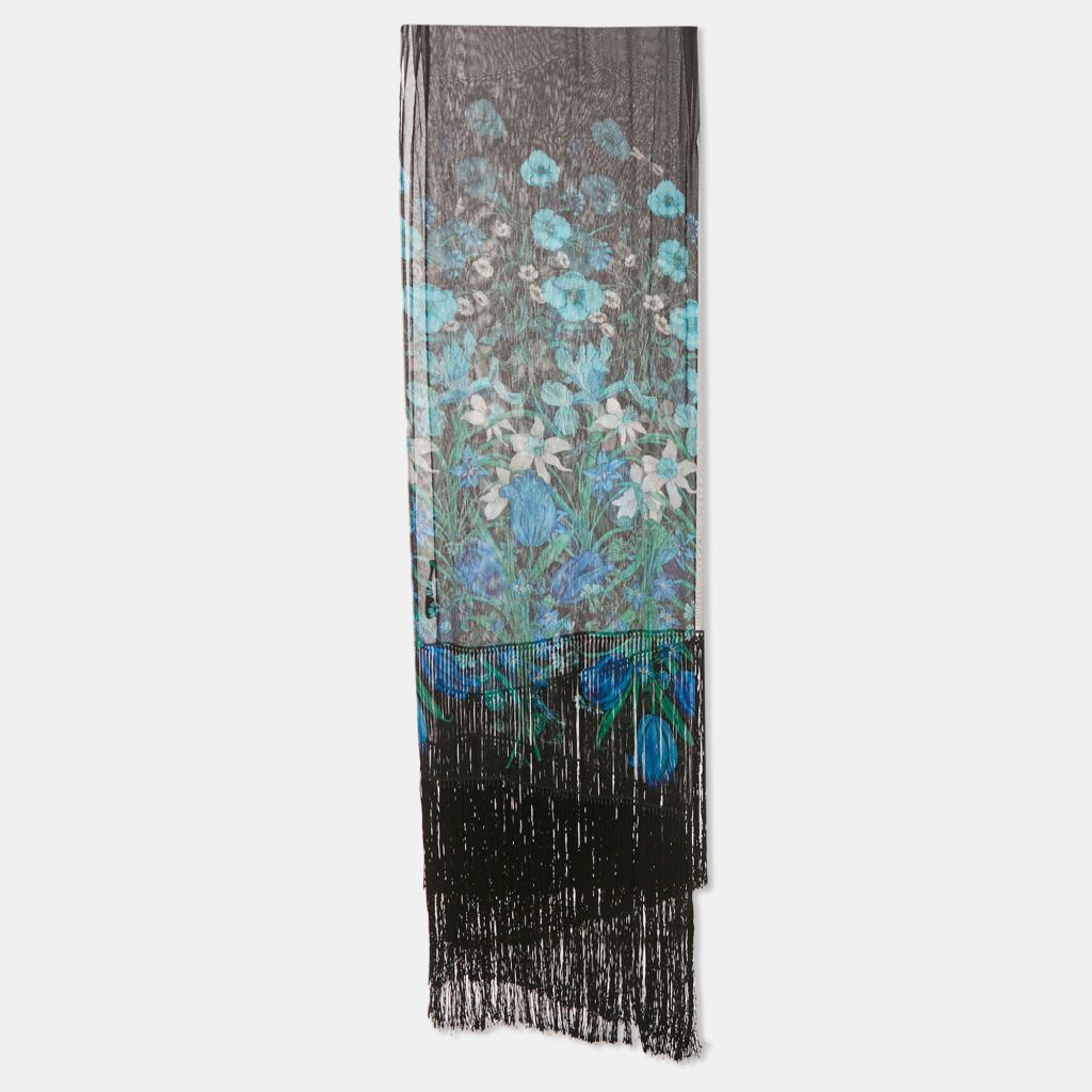 Gucci Black Floral Print Silk Chiffon Fringed Stole Gucci Black Floral Print Silk Chiffon Fringed Stole