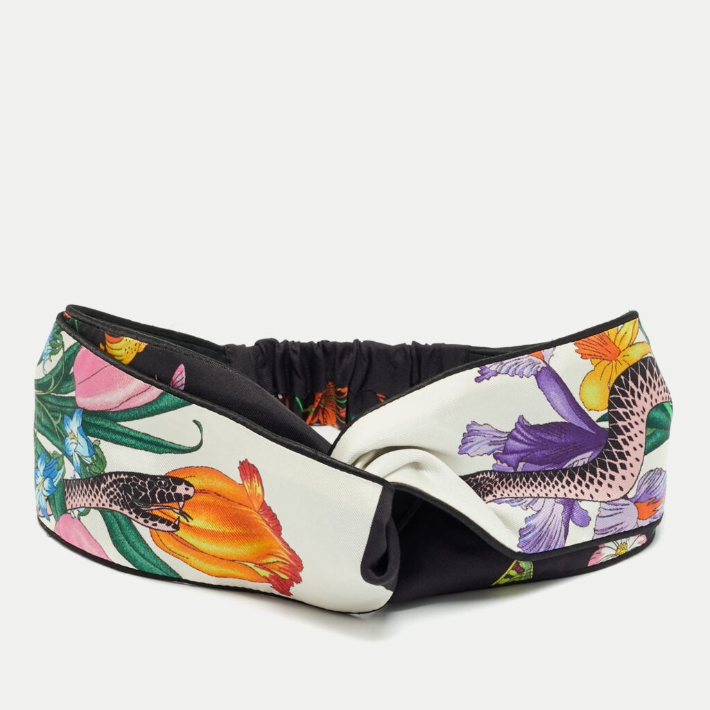 Gucci White Floral-Snake Print Silk Headband Gucci White Floral-Snake Print Silk Headband