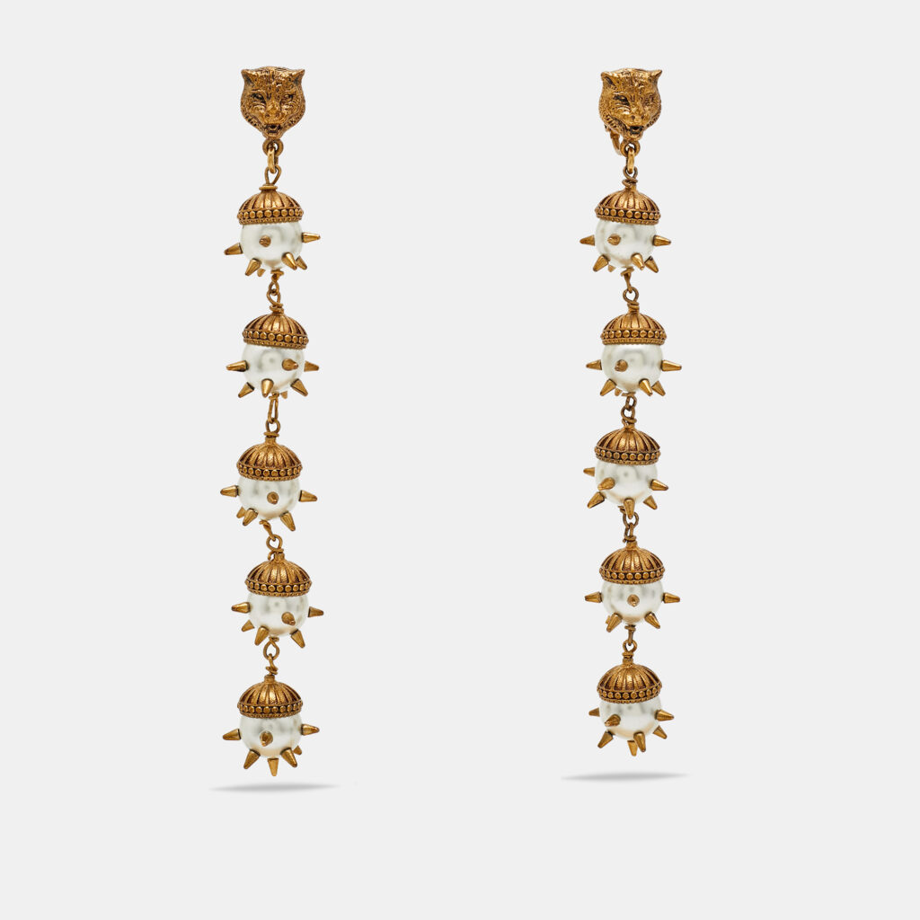 Gucci Feline Head Spiked Faux Pearl Gold Tone Clip-On Earrings Gucci Feline Head Spiked Faux Pearl Gold Tone Clip-On Earrings