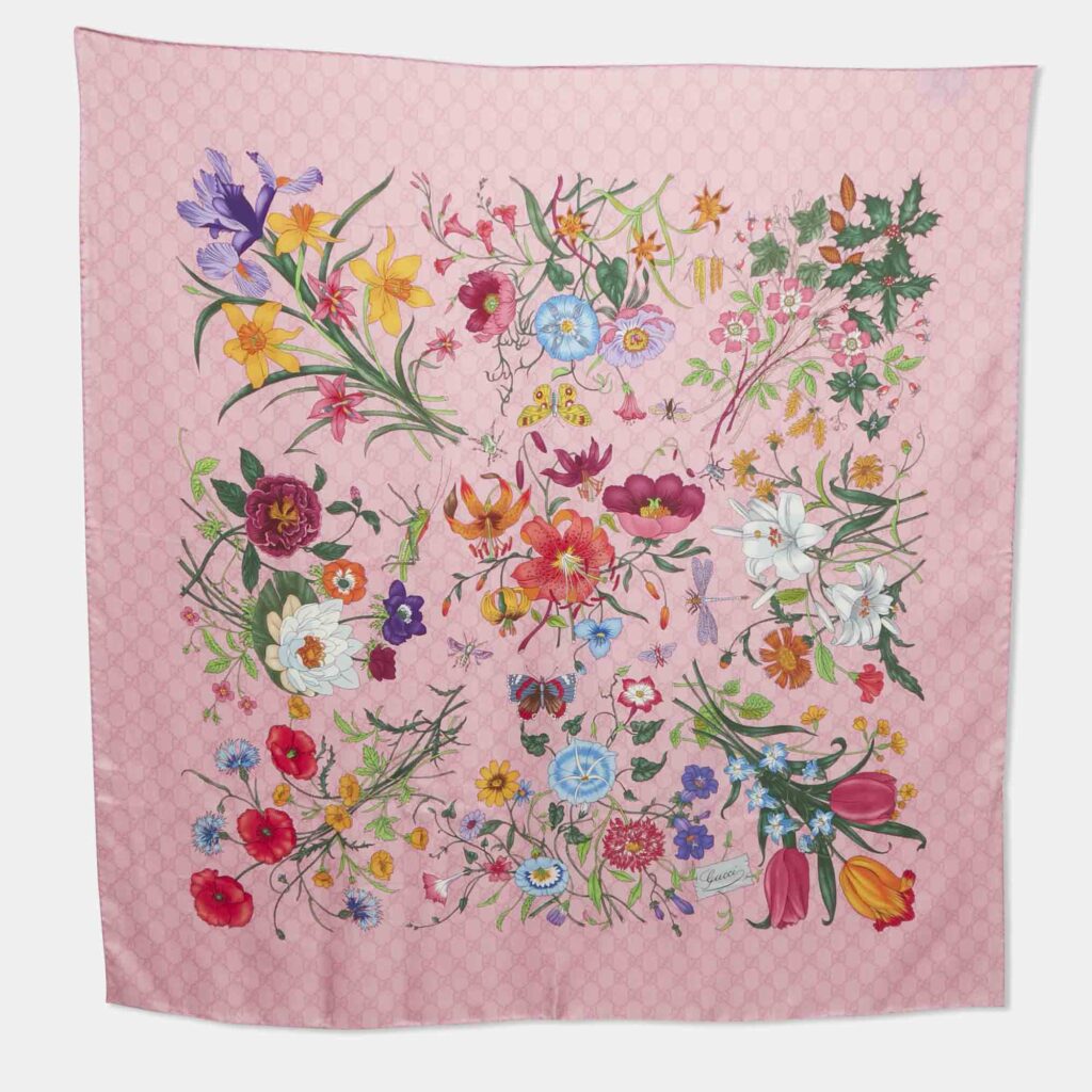 Gucci Pink Floral GG Supreme Print Silk Square Scarf Gucci Pink Floral GG Supreme Print Silk Square Scarf