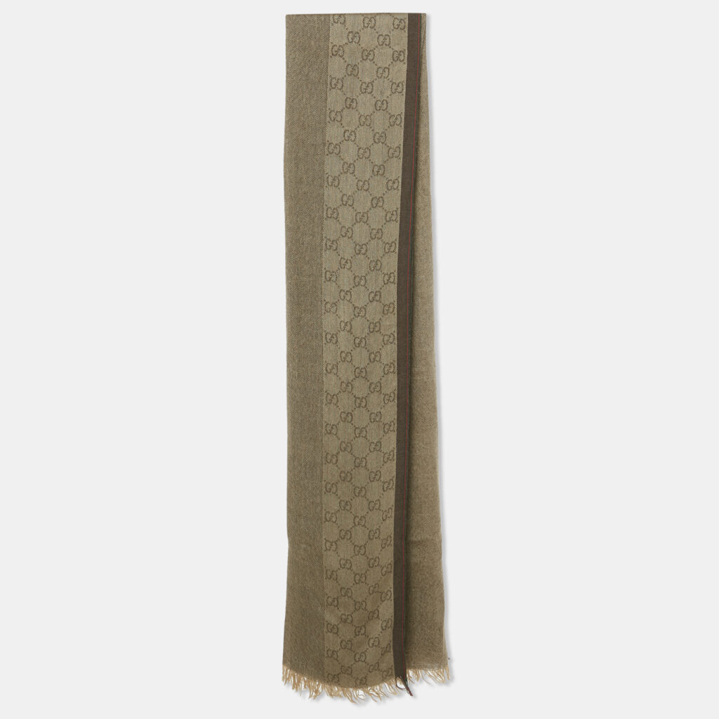 Gucci Vintage Brown Wool & Silk Logo Strip Detail Scarf Gucci Vintage Brown Wool & Silk Logo Strip Detail Scarf