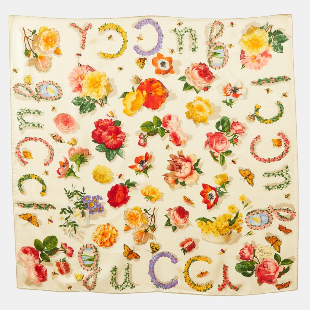 Gucci Light Beige Floral Butterfly Print Silk Scarf Gucci Light Beige Floral Butterfly Print Silk Scarf