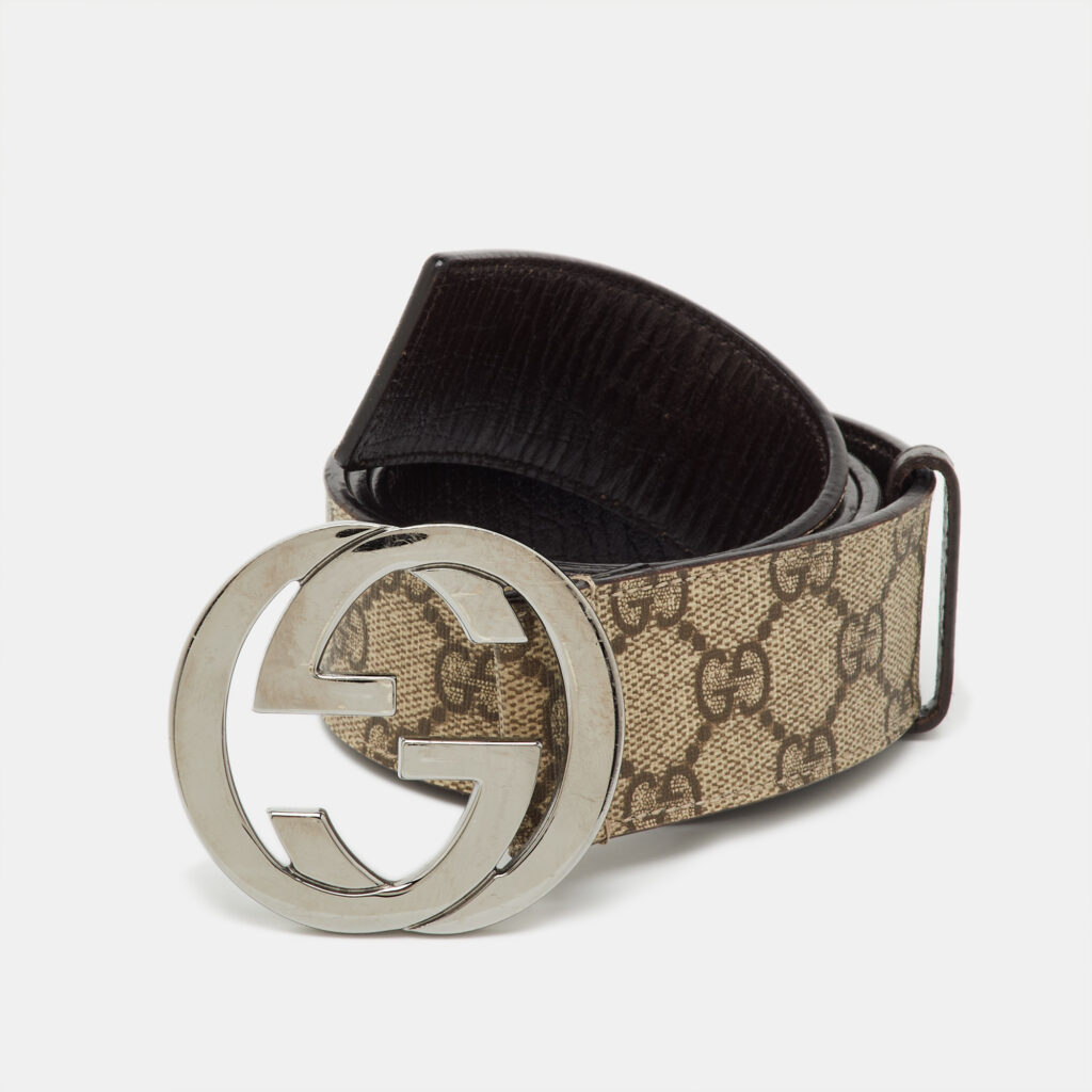 Gucci Beige/Brown GG Supreme Canvas Interlocking G Buckle Belt 90CM