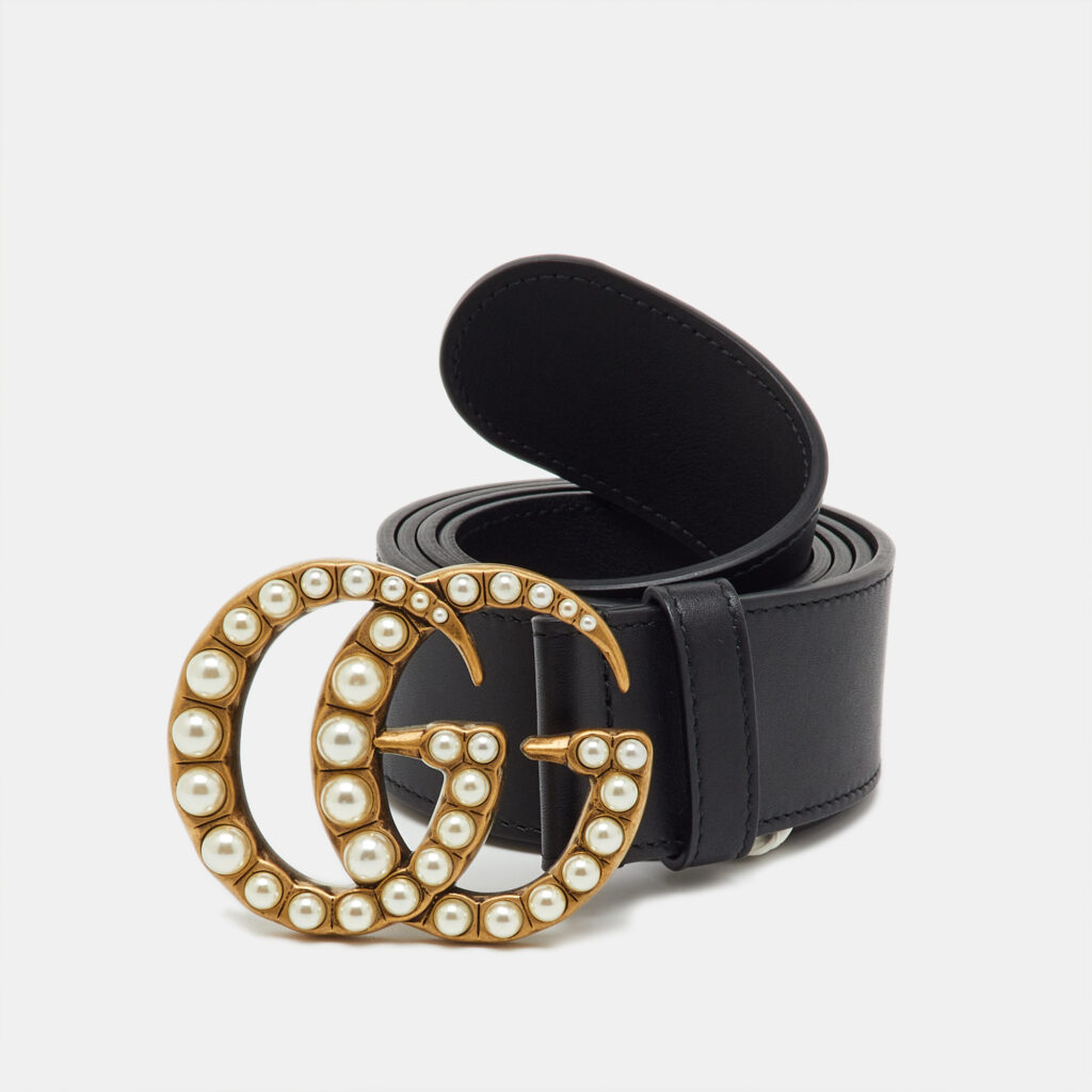 Gucci Black Leather Pearl Embellished GG Marmont Belt 95CM Gucci Black Leather Pearl Embellished GG Marmont Belt 95CM