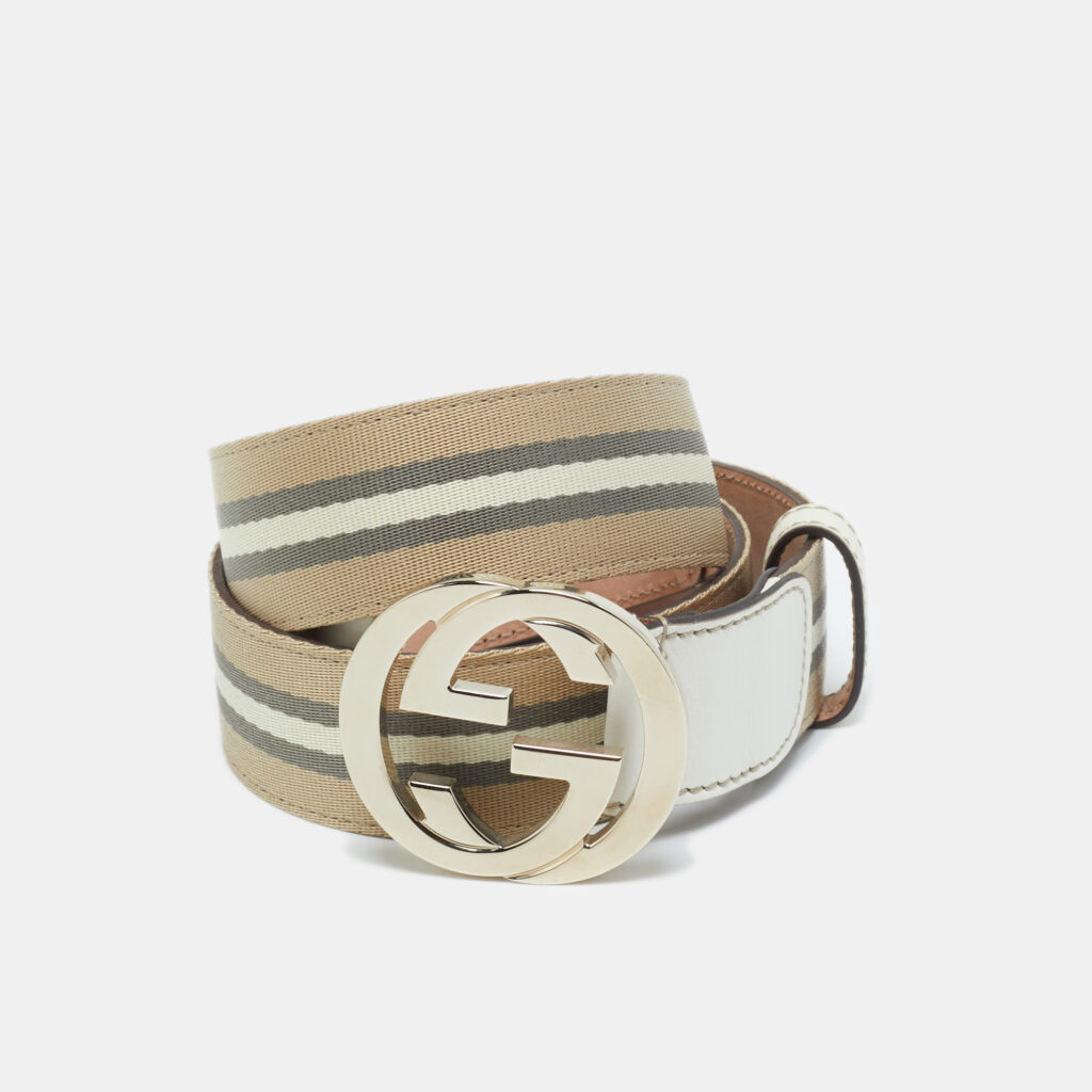 Gucci Beige/White Web Canvas and Leather Interlocking G Buckle Belt 90CM Gucci Beige/White Web Canvas and Leather Interlocking G Buckle Belt 90CM