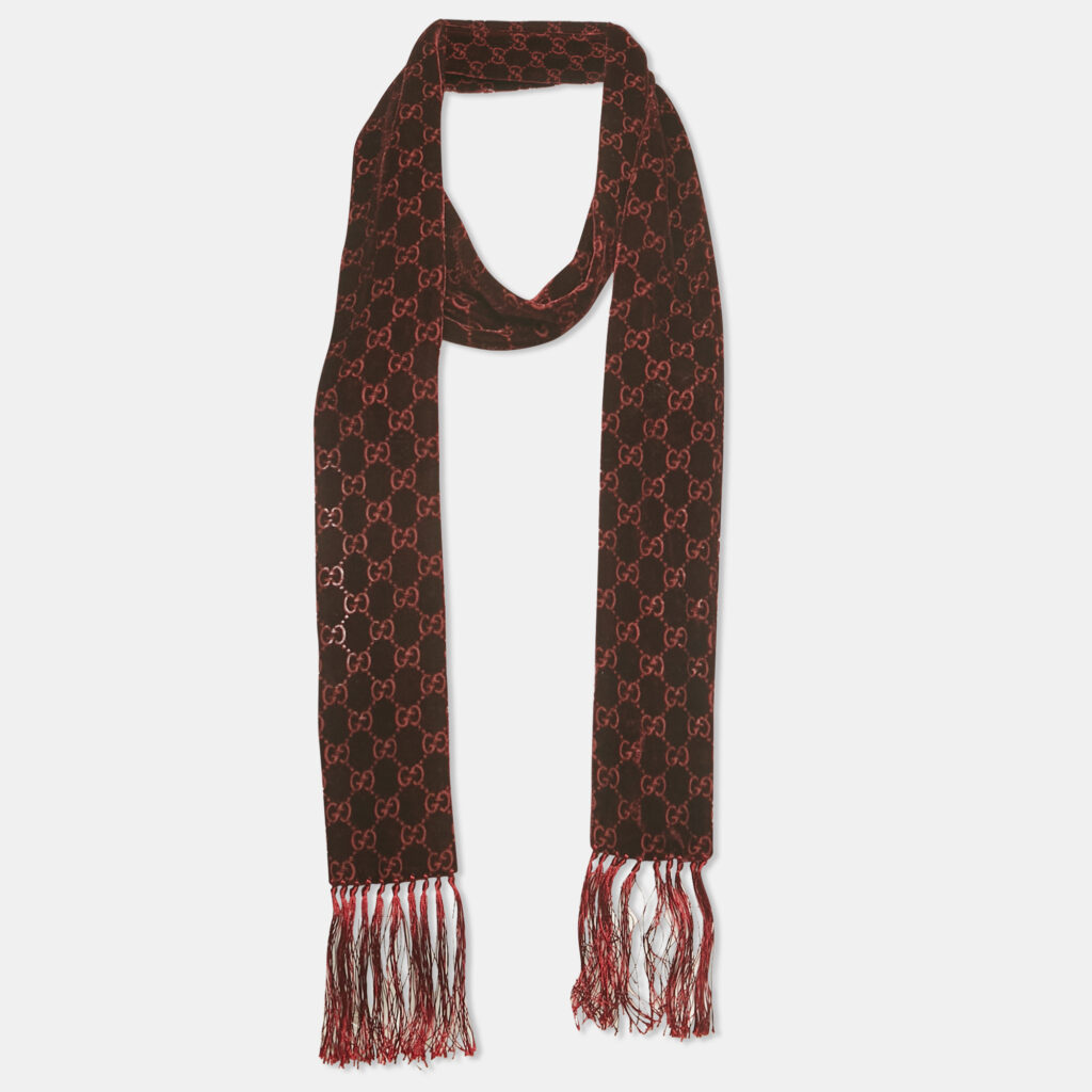 Gucci Burgundy Monogram Velvet Fringed Thin Scarf Gucci Burgundy Monogram Velvet Fringed Thin Scarf