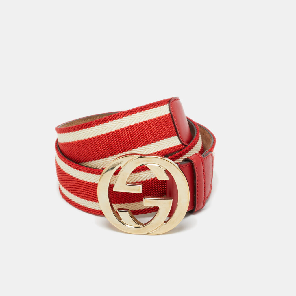 Gucci Red/White Web Canvas and Leather Interlocking G Buckle Belt 85CM Gucci Red/White Web Canvas and Leather Interlocking G Buckle Belt 85CM