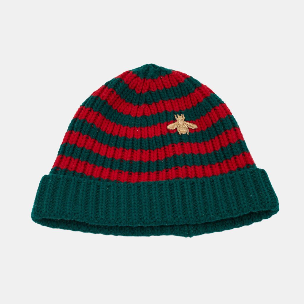 Gucci Green/Red Striped Rib Knit Bee Applique Beanie L Gucci Green/Red Striped Rib Knit Bee Applique Beanie L