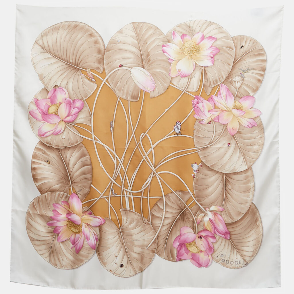 luxury-women-gucci-used-accessories-p1246791-001.jpg Gucci Yellow Lotus Print Silk Square Scarf