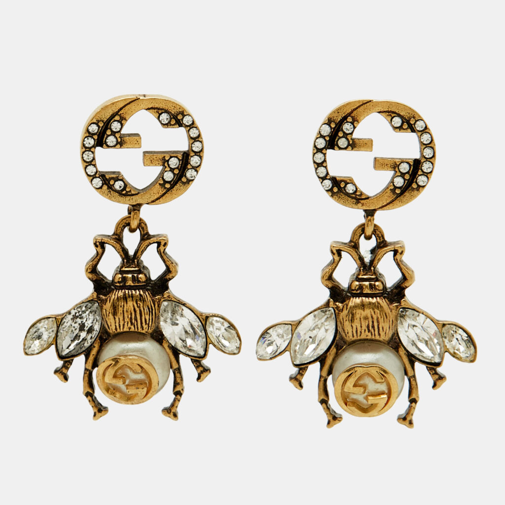 Gucci GG Bee Faux Pearl Crystals Gold Tone Earrings Gucci GG Bee Faux Pearl Crystals Gold Tone Earrings