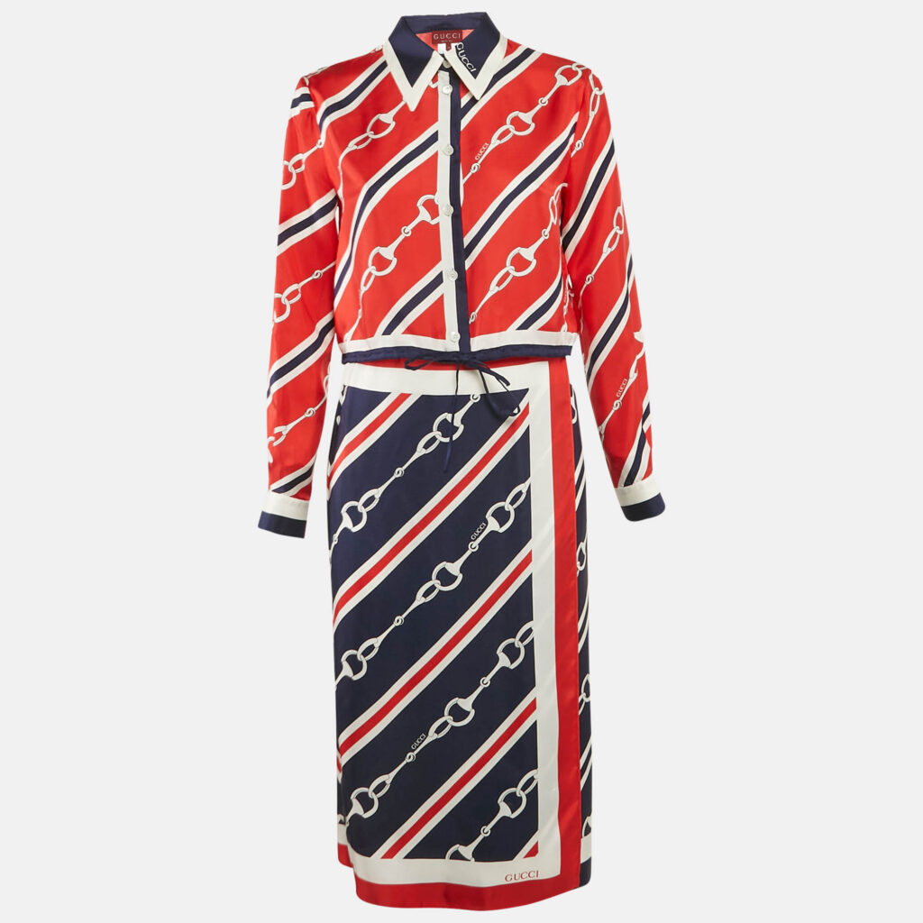 Gucci Multicolor Horse-bit Print Silk Blouse and Skirt Set S Gucci Multicolor Horse-bit Print Silk Blouse and Skirt Set S