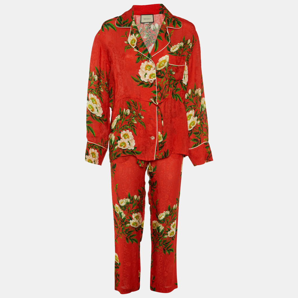 Gucci Red Floral Jacquard Crepe Pajamas Set S Gucci Red Floral Jacquard Crepe Pajamas Set S