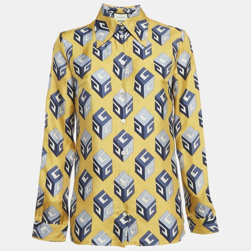 Gucci Yellow Cube Print Silk Long Sleeve Shirt M
