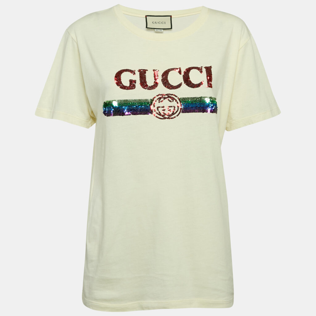 luxury-women-gucci-used-clothes-p1150103-004-1.jpg Gucci Light Yellow Logo Embroidered Cotton Oversized T-Shirt XS