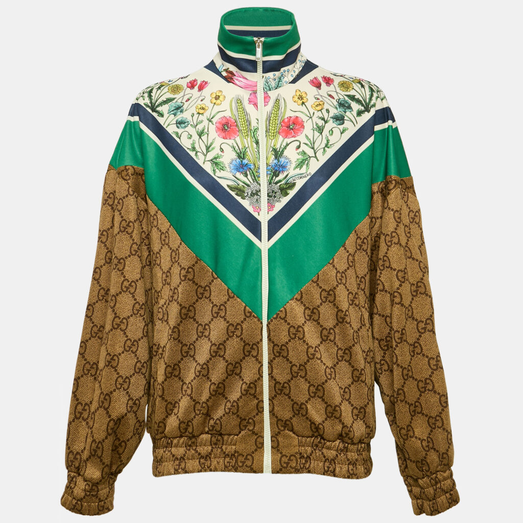 Gucci Brown/Green Floral and GG Print Jersey Zip-Up Track Jacket XXS Gucci Brown/Green Floral and GG Print Jersey Zip-Up Track Jacket XXS