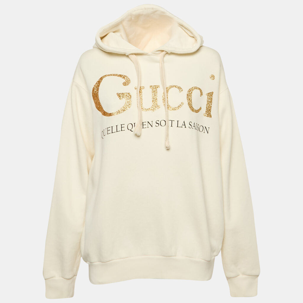 luxury-women-gucci-used-clothes-p1154443-002-1.jpg Gucci Off White Glitter Logo Print Cotton Hoodie XS