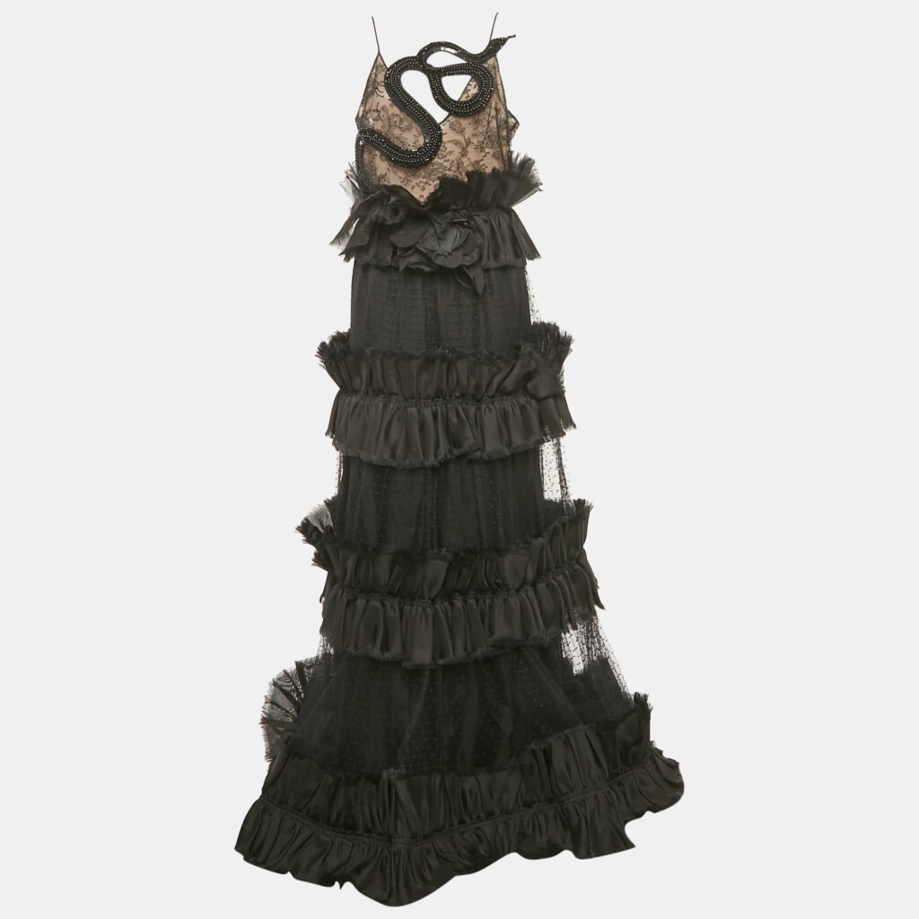 luxury-women-gucci-used-clothes-p1167048-003-1.jpg Gucci Black Beaded Crepe and Tulle Tiered Gown M