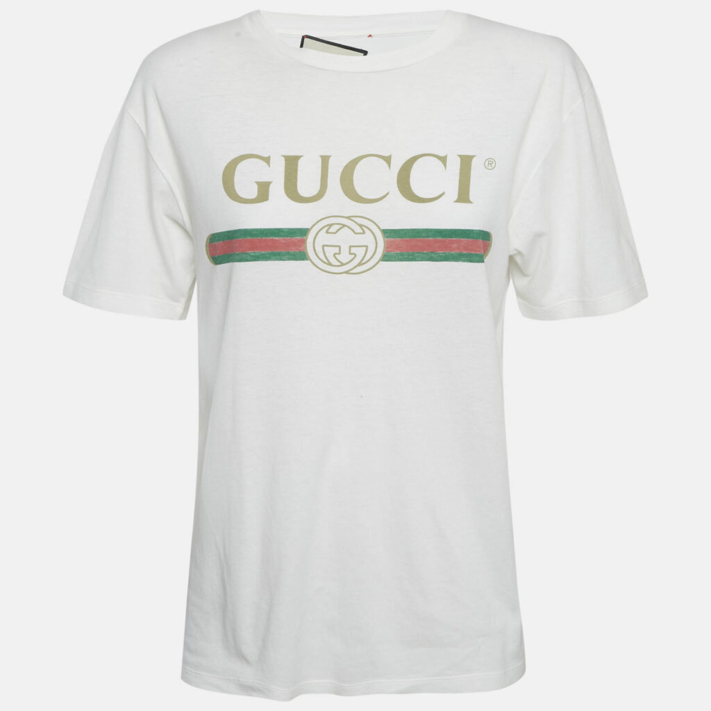 Gucci White Vintage Logo Print Jersey Distressed T-Shirt XXS Gucci White Vintage Logo Print Jersey Distressed T-Shirt XXS