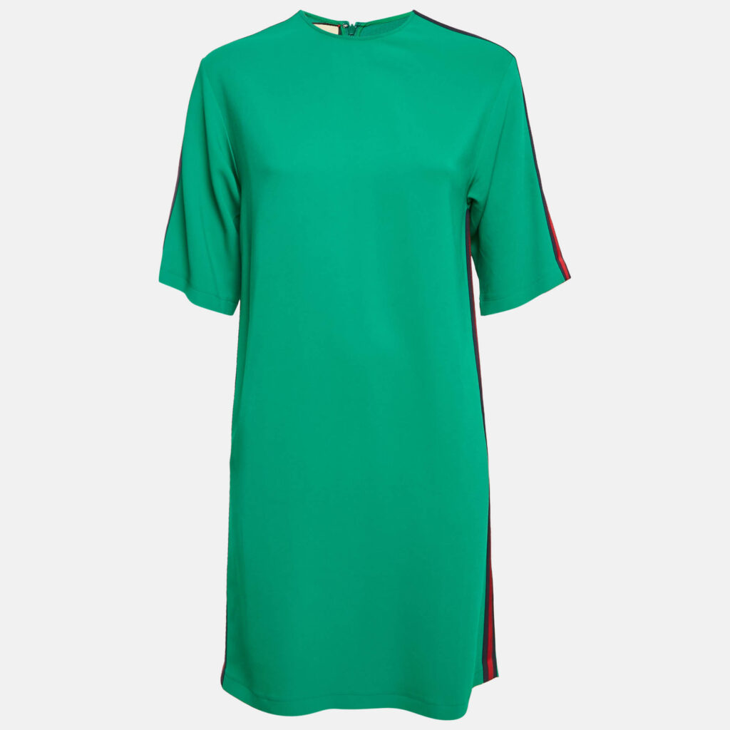 Gucci Green Crepe Web Stripe Trim Detail Mini Dress S