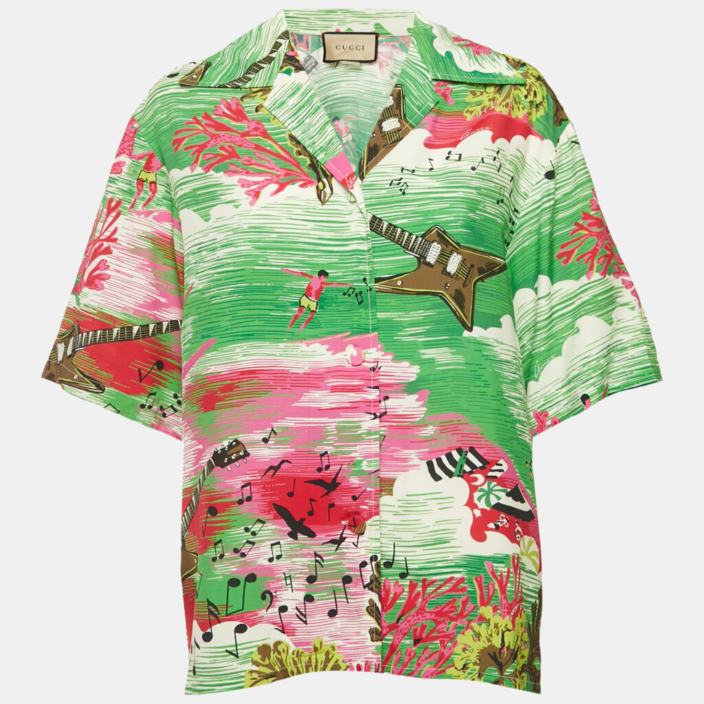 Gucci Green Love Parade Print Crepe Short Half Sleeve Shirt M