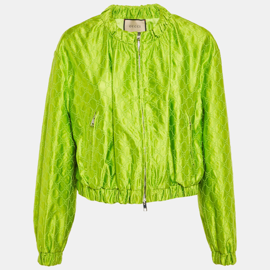 Gucci Green GG Supreme Embroidery Silk Zip-Up Jacket M