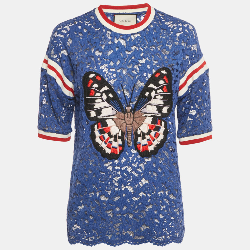 Gucci Blue Butterfly Applique Lace Crewneck T-Shirt L