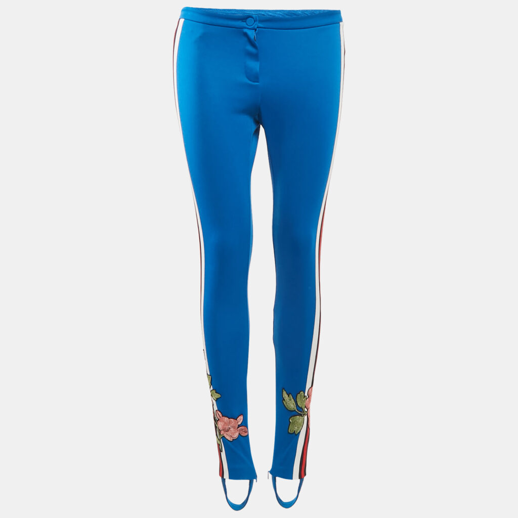 Gucci Blue Floral Applique Jersey Stirrup Trousers XS