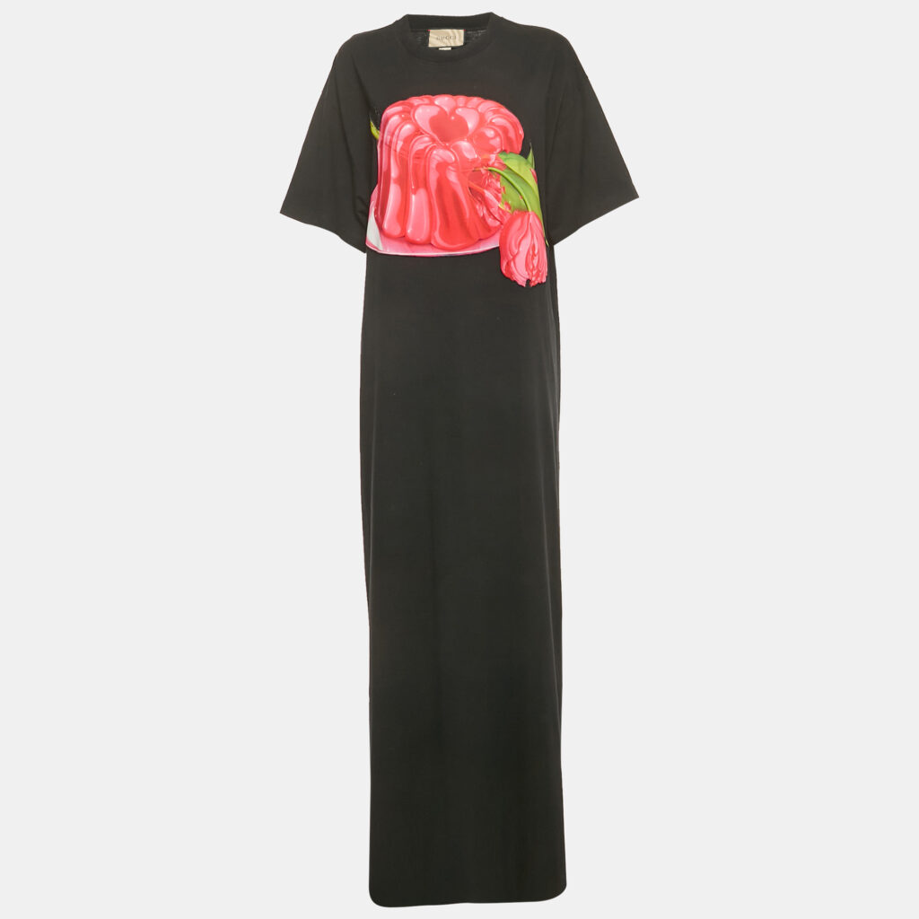 Gucci Black Floral Applique Cotton Maxi Dress L