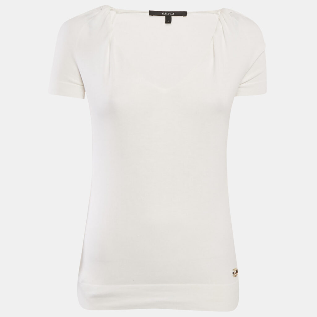 Gucci White Cotton Knit GG Logo Detail V-Neck T-Shirt S Gucci White Cotton Knit GG Logo Detail V-Neck T-Shirt S