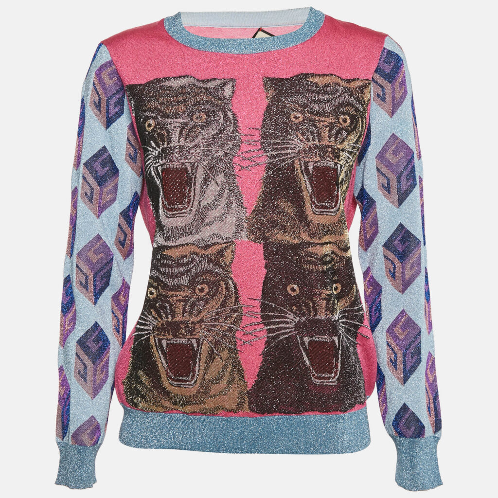 Gucci Pink/Blue Tiger Intarsia Lamé Knit Crew Neck Pullover XL Gucci Pink/Blue Tiger Intarsia Lamé Knit Crew Neck Pullover XL
