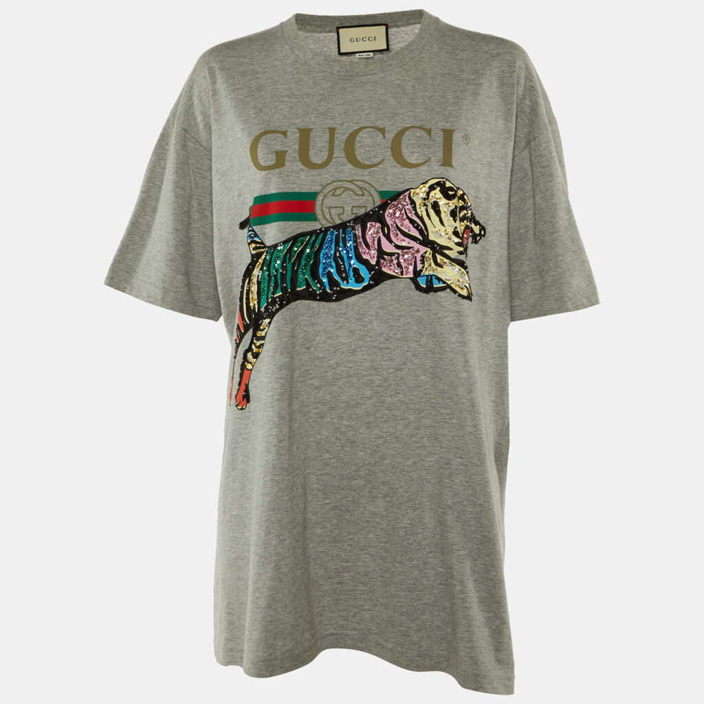 Gucci Grey Cotton Tiger Embellished Crew Neck T-Shirt L