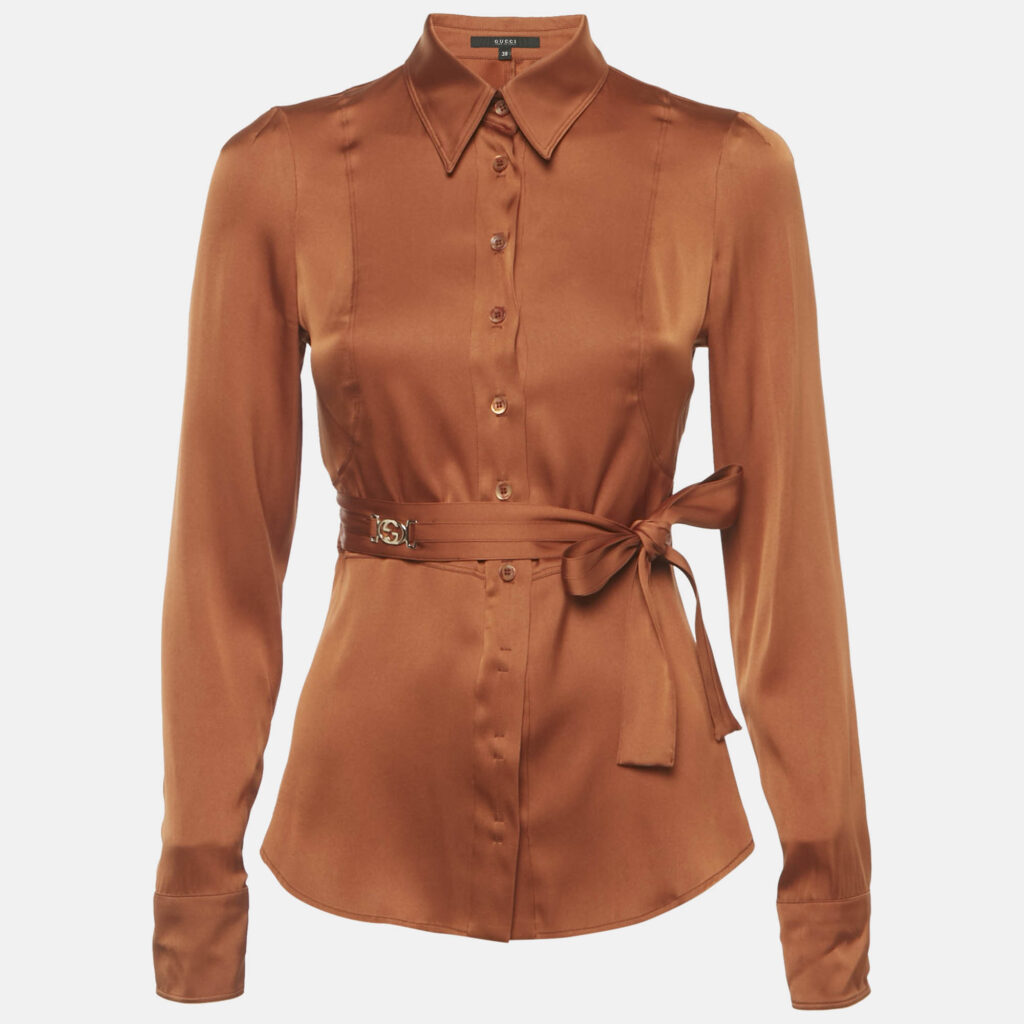 Gucci Brown Silk Satin Belted Button Front Shirt S Gucci Brown Silk Satin Belted Button Front Shirt S