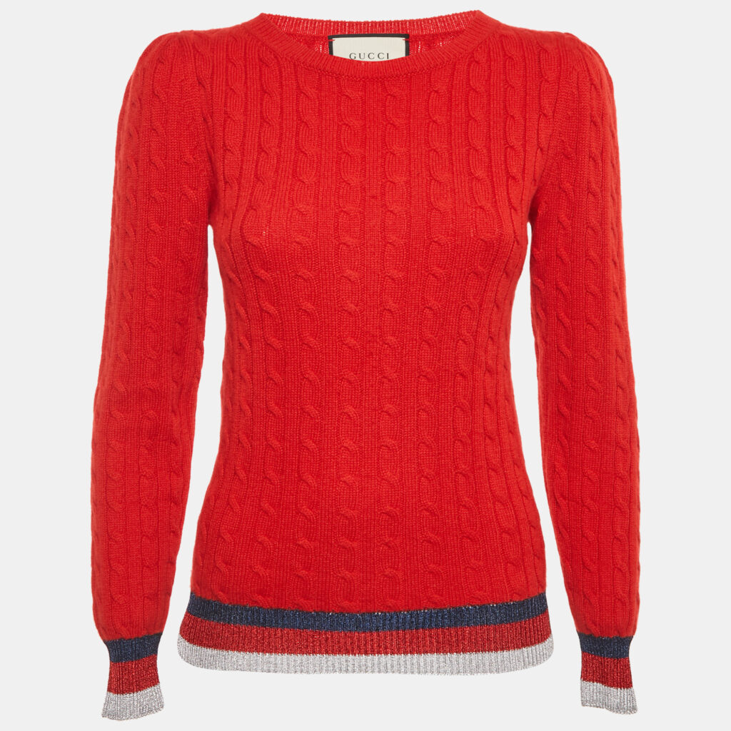 Gucci Red Lamé Trim Cable Knit Crewneck Sweater M Gucci Red Lamé Trim Cable Knit Crewneck Sweater M