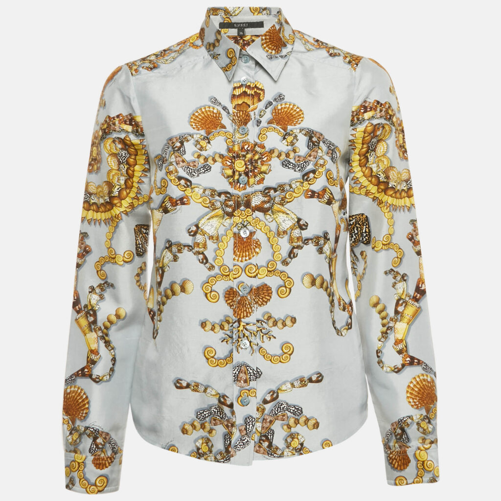 Gucci Blue Shell Print Silk Button Front Shirt S Gucci Blue Shell Print Silk Button Front Shirt S