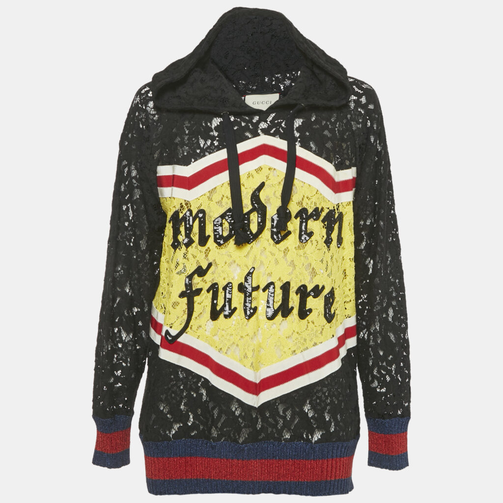 Gucci Black Lace Modern Future Sequin Detail Hooded Sweatshirt S Gucci Black Lace Modern Future Sequin Detail Hooded Sweatshirt S