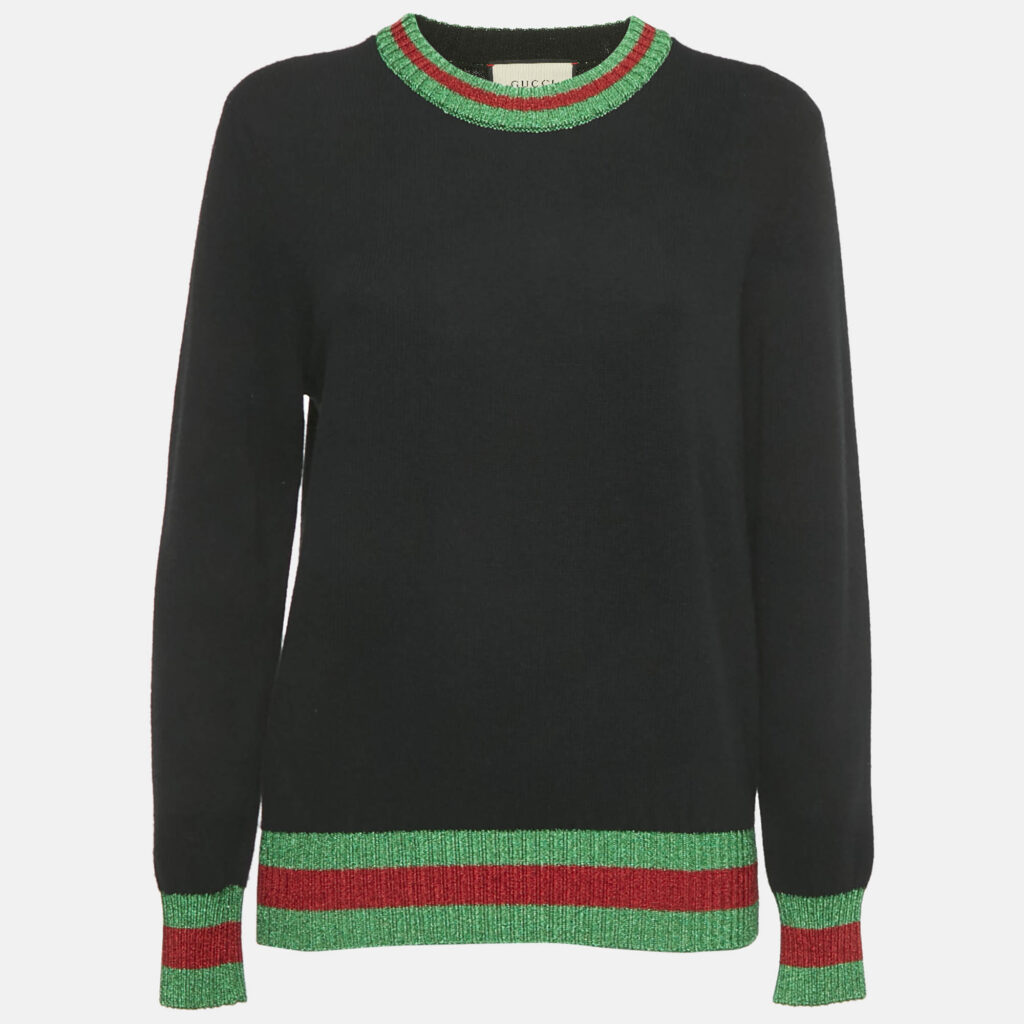 Gucci Black Wool & Lamé Web Trim Detail Sweater L Gucci Black Wool & Lamé Web Trim Detail Sweater L