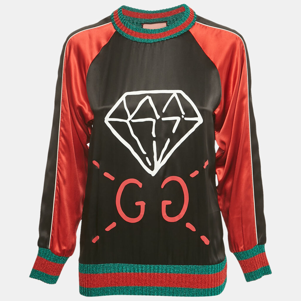 Gucci Black /Red Ghost Diamond Print Silk & Lamé Web Trim Top S Gucci Black /Red Ghost Diamond Print Silk & Lamé Web Trim Top S