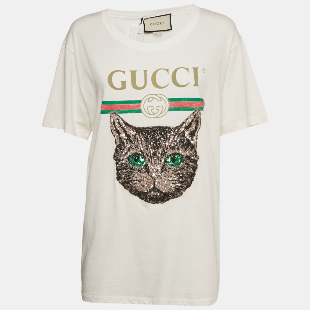 Gucci White Embellished Mystic Cat Applique Distressed Cotton T-Shirt S