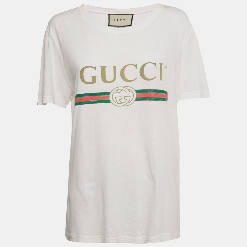 Gucci White GG Web Print Cotton Distressed T-Shirt S