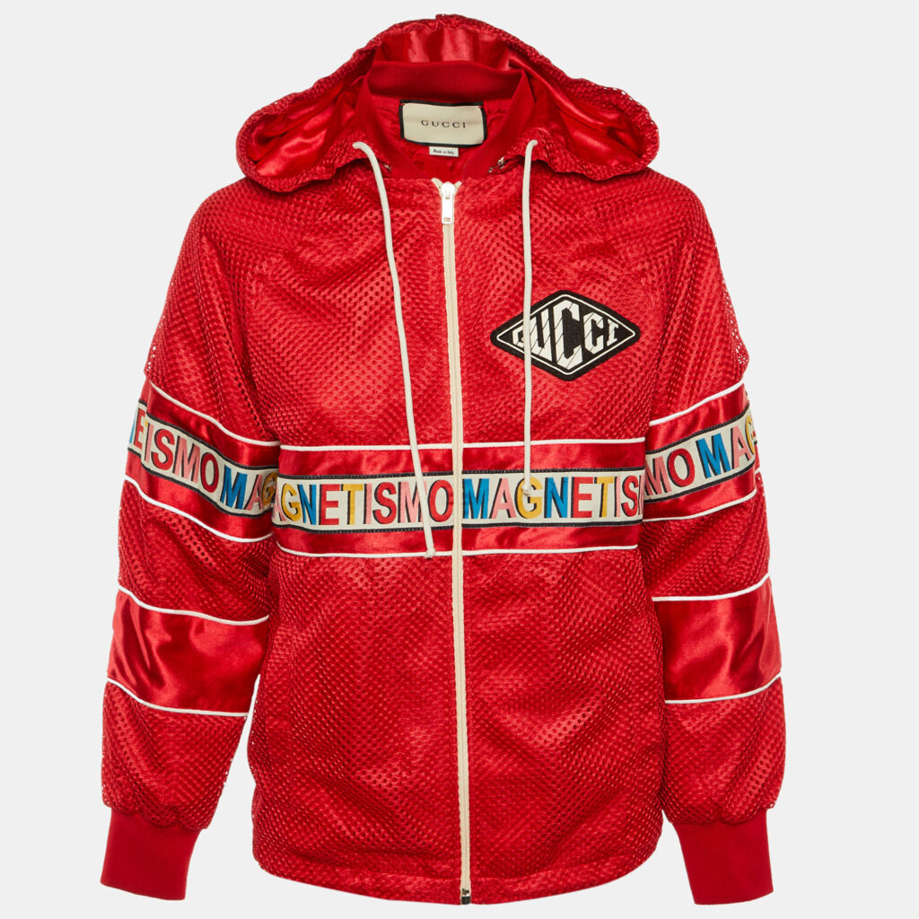 Gucci Red Mesh Magnetismo Stripe Trimmed Zip Front Hooded Jacket XS
