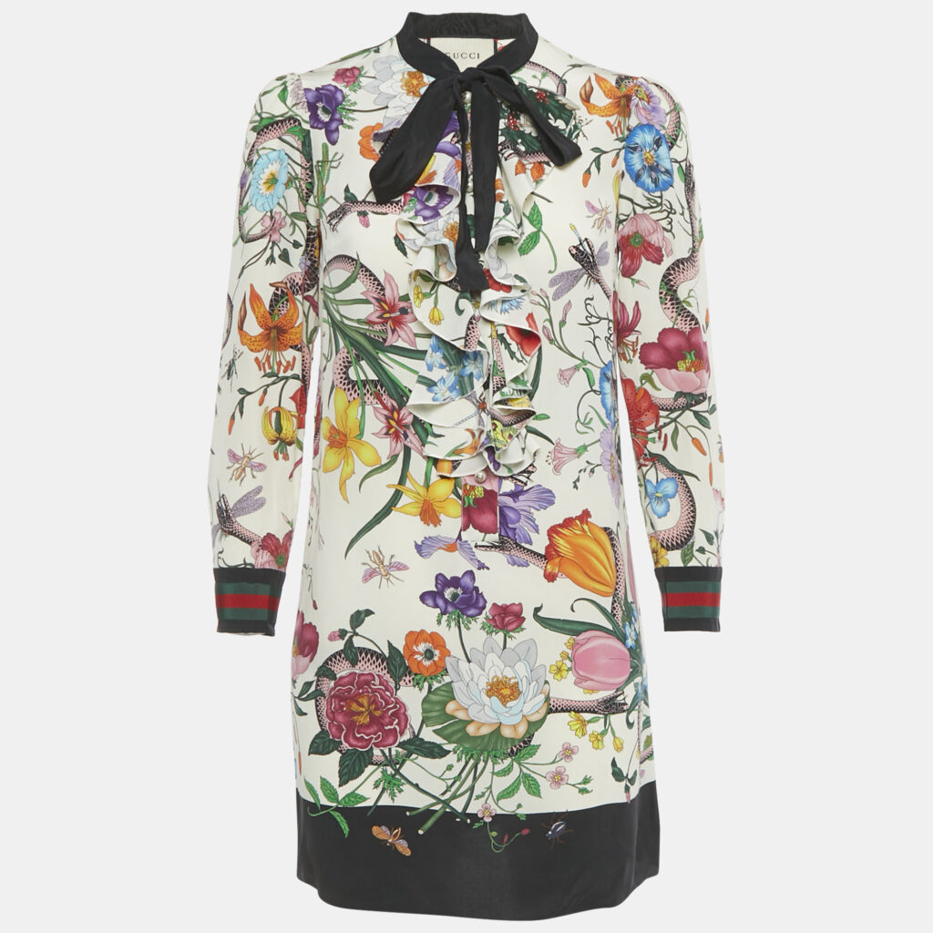 Gucci Multicolor Floral Print Silk Ruffled Mini Dress M