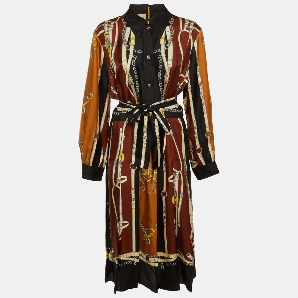 Gucci Brown & Black Equestrian Printed Silk Belted Maxi Dress L