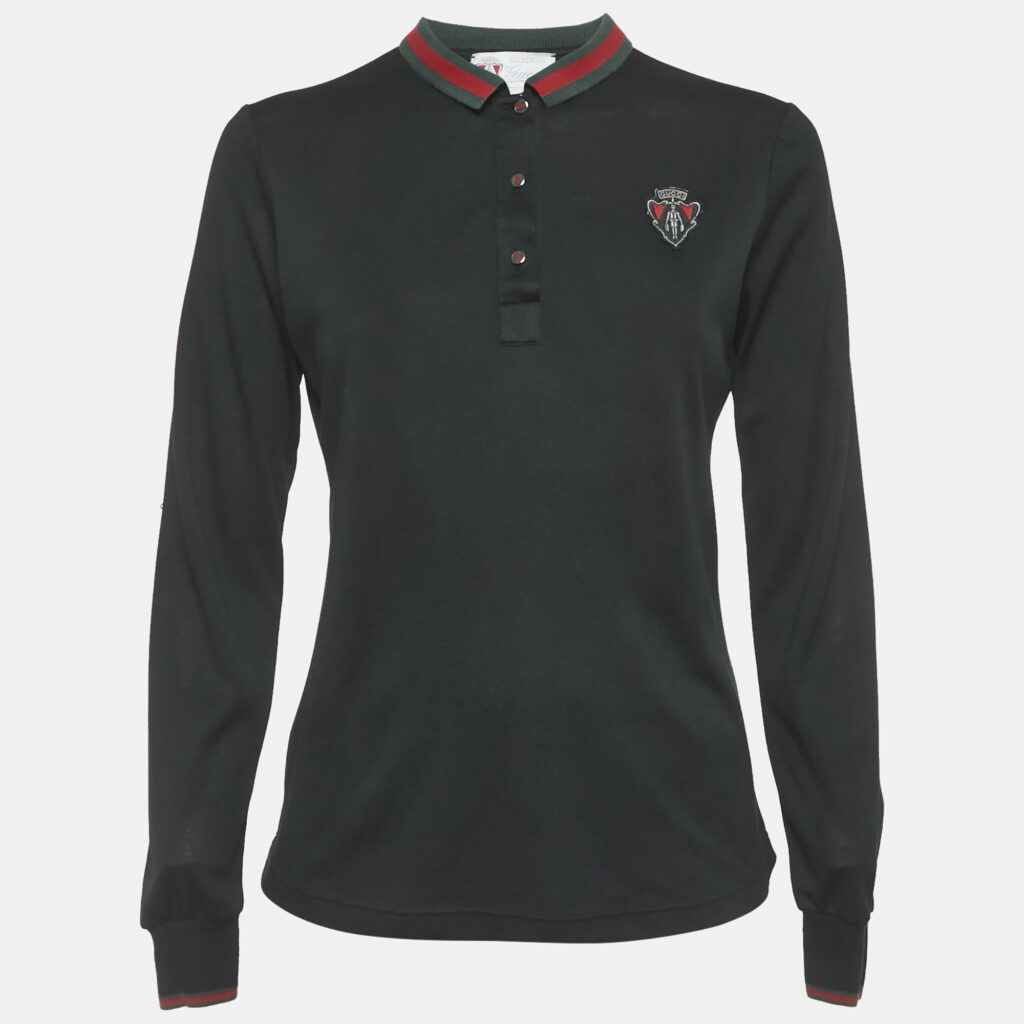 Gucci Equestrian Black Logo Applique Jersey Long Sleeve Polo T-Shirt S