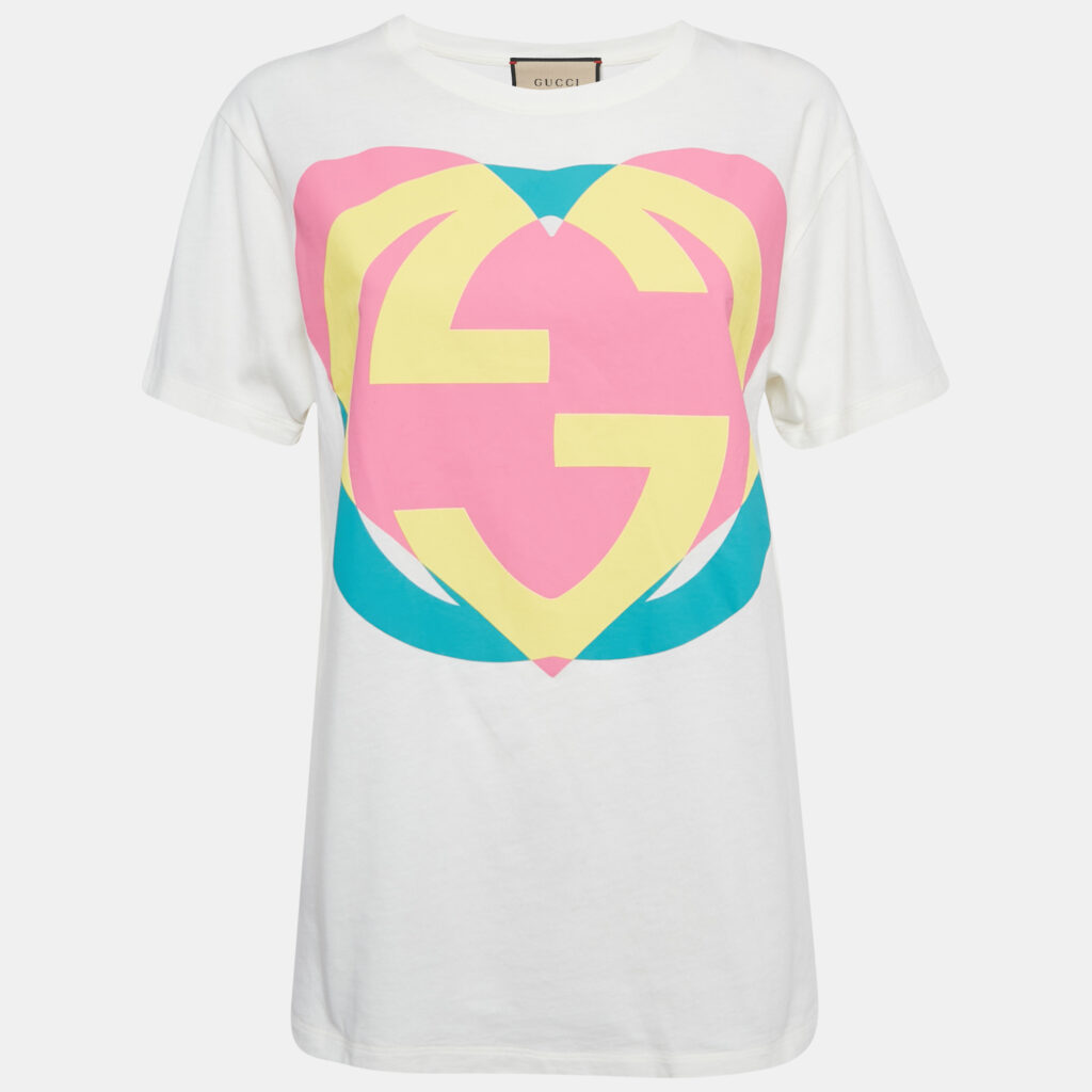 Gucci White Interlocking G Heart Print Cotton Oversized T-Shirt XXS