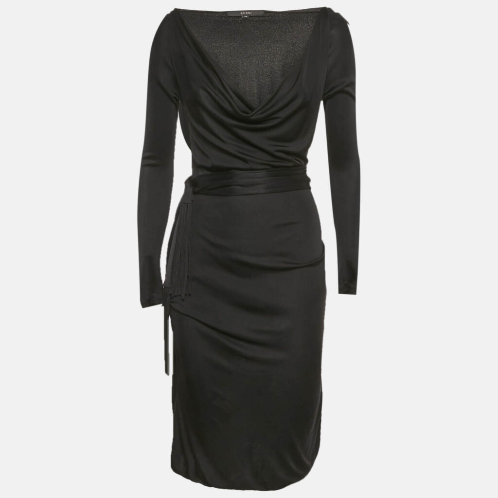 Gucci Black Jersey Cowl Neck Belted Short Dress M Gucci Black Jersey Cowl Neck Belted Short Dress M