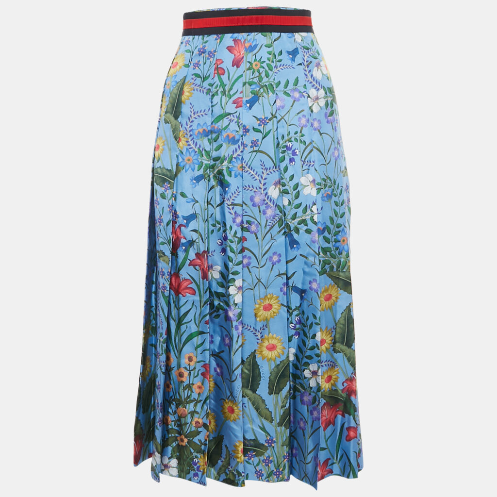 Gucci Blue Floral Printed Silk Pleated Midi Skirt S Gucci Blue Floral Printed Silk Pleated Midi Skirt S