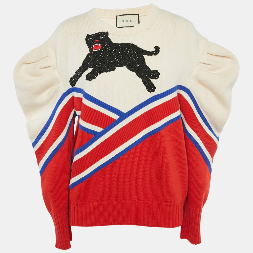 Gucci Multicolor Panther Embellished Intarsia Wool Knit Puff Sleeve Jumper M Gucci Multicolor Panther Embellished Intarsia Wool Knit Puff Sleeve Jumper M