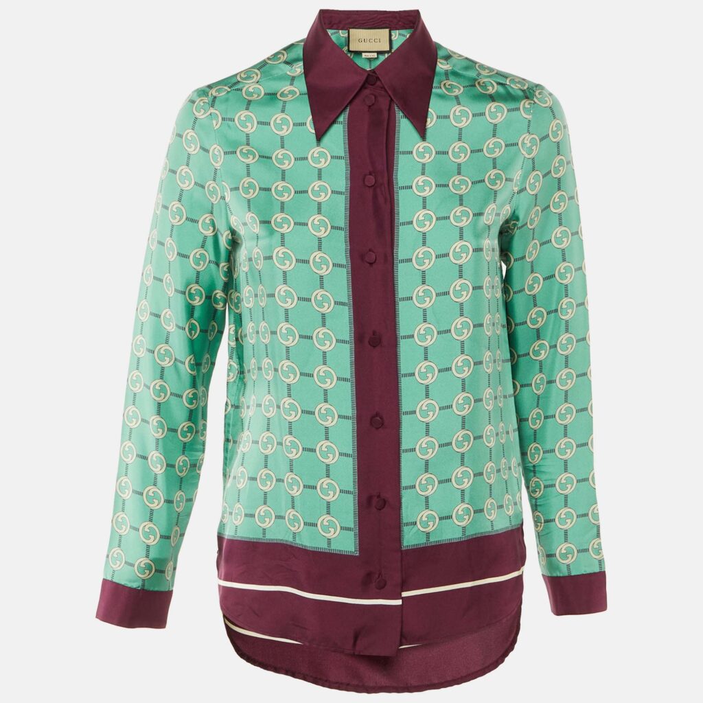 Gucci Green Interlocking G Print Silk Button Front Shirt S