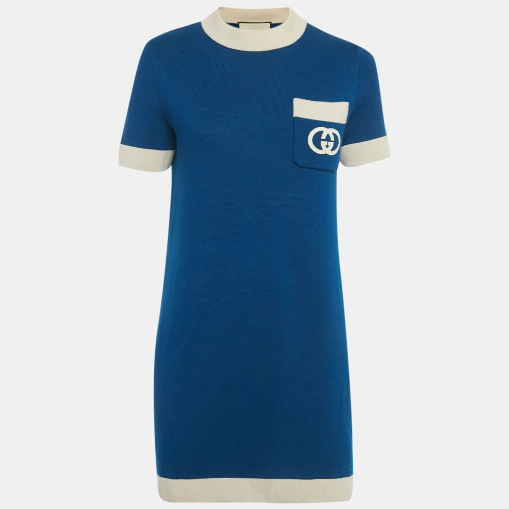Gucci Blue GG Embroidered Knit Mini Dress M Gucci Blue GG Embroidered Knit Mini Dress M